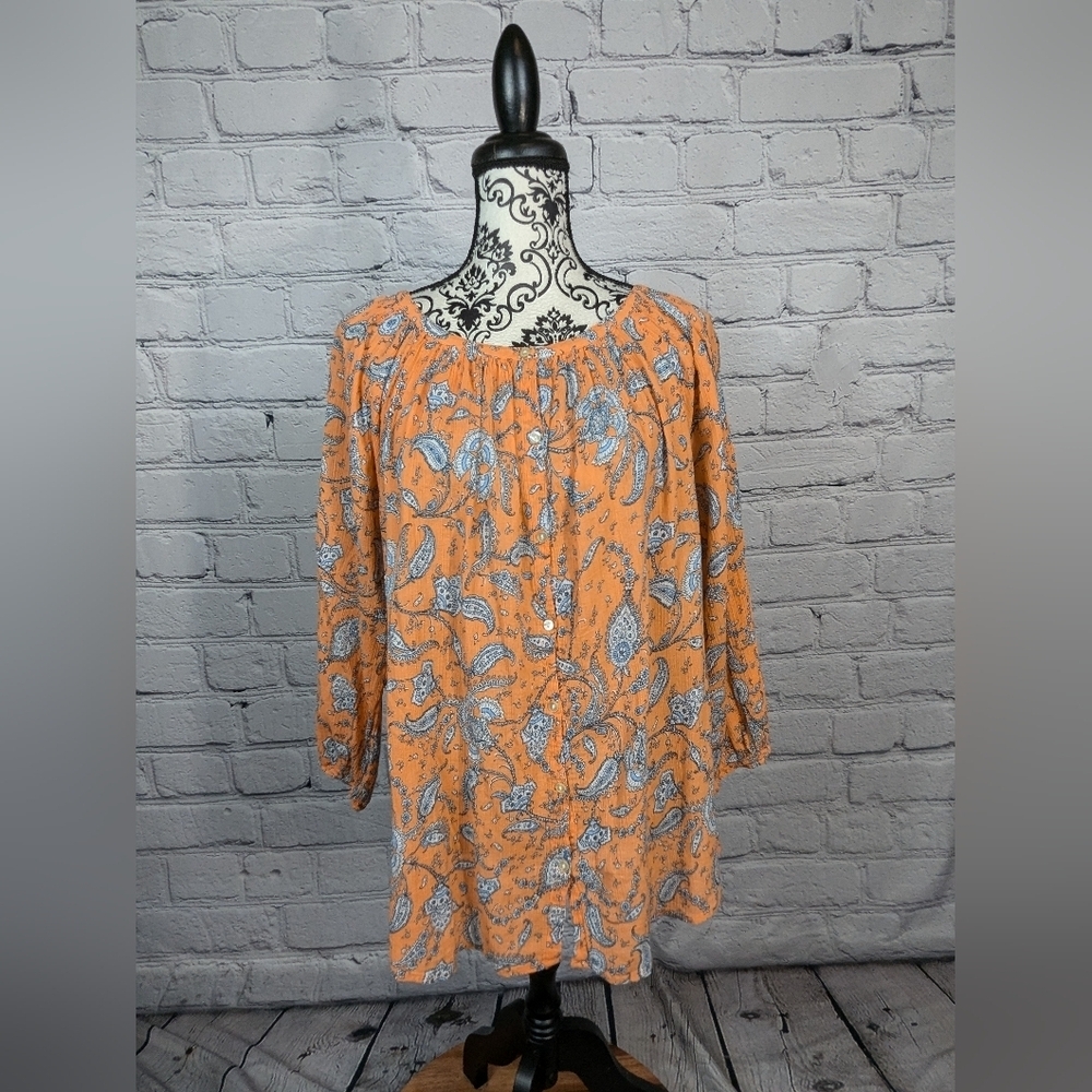 Chaps women's Long Sleeve Floral Print Popover Size 1x Top elastic wrist b18a